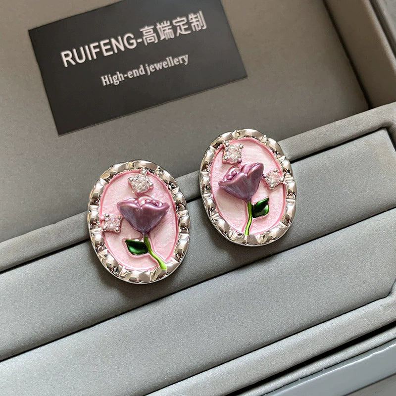 New silver needle monet garden oil painting style enamel earrings, 18k gold plated fashion retro earrings for women