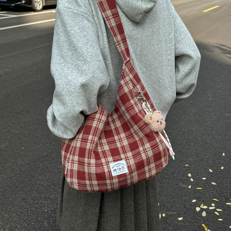 Korean retroplaid shoulder bag women's fall and winternew arrivalniche style design canvas bag large capacity casual tote bag