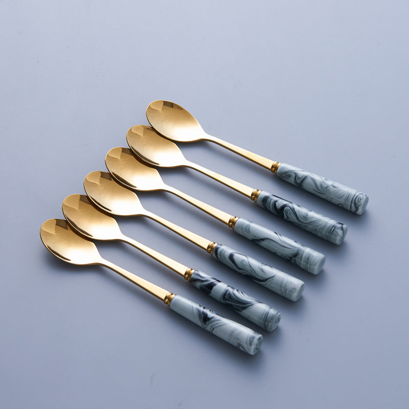 Nordic stainless steel fruit fork spoon ceramic storage jar set marble fruit fork household cutlery spoon dropshipping