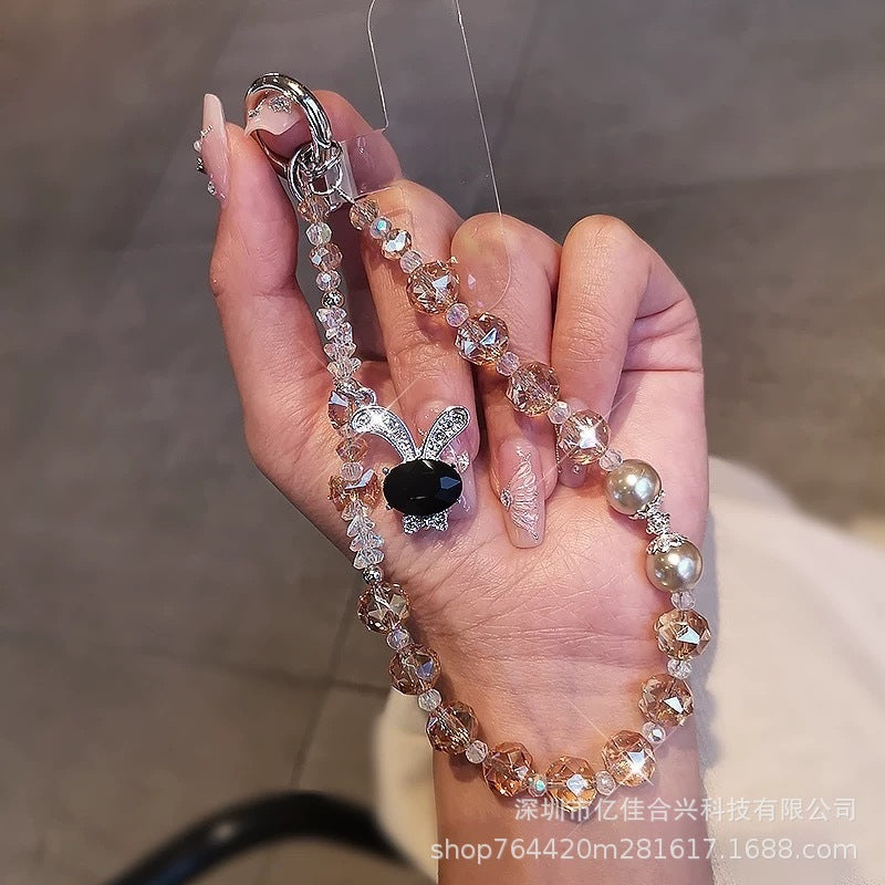 New arrival crystal pearl crystal lanyard beaded mobile phone hanging chain wholesale dream rabbit rhinestone pendant foreign trade cross-border
