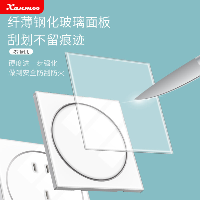 Ultra-thin white pure flat tempered glass switch socket panel 86 wall concealed household one-open five-hole socket