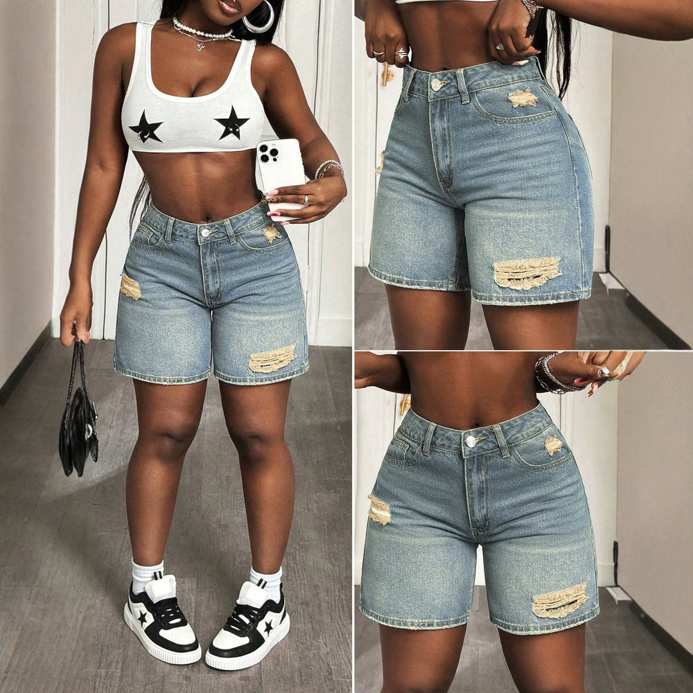 European and american style women's distressed denim shorts - vintage high-waisted straight-leg jeans