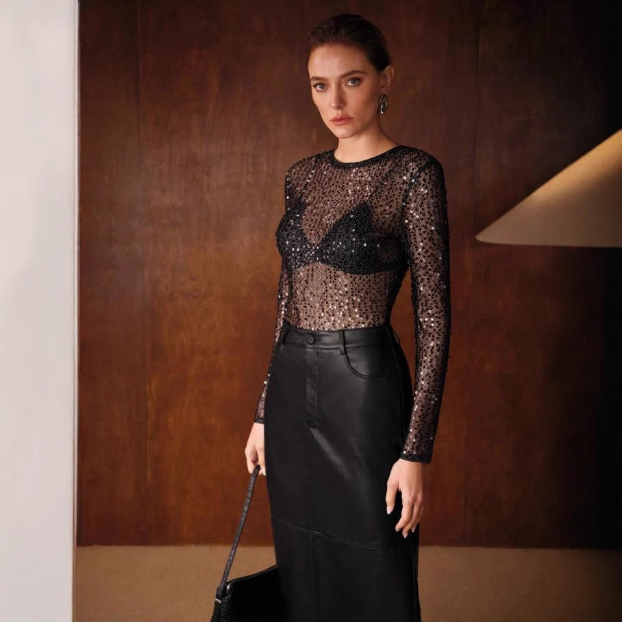 european and american cross-border new arrival: mesh-trimmed, sequined black lace slim-fit long-sleeve top