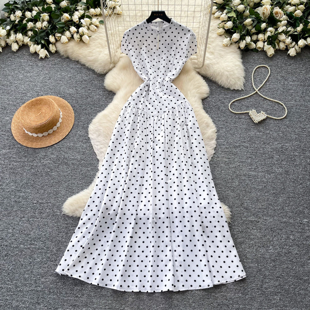 Vintage red short-sleeve polka dot dress - a versatile summer staple: high-waisted a-line, work-ready, slimming maxi dress