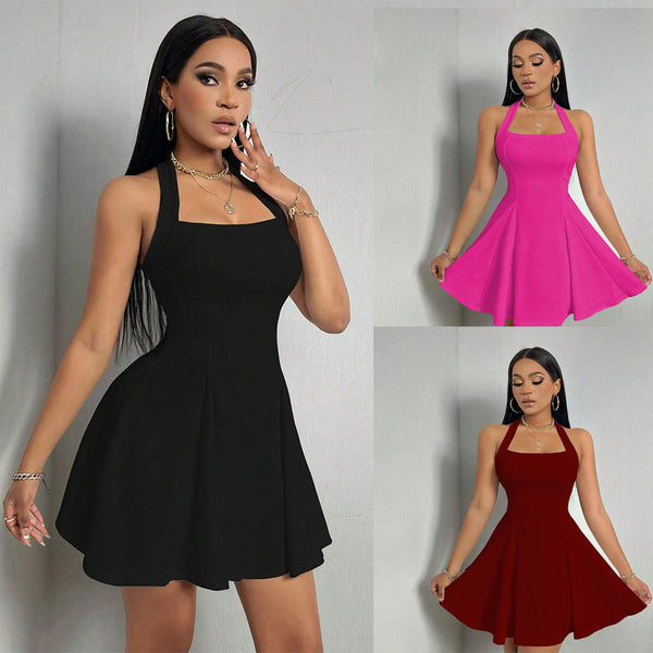 Y2K ins new 2024 European and American  women's clothing sexy neck halter waist A word big pendulum short dress dress