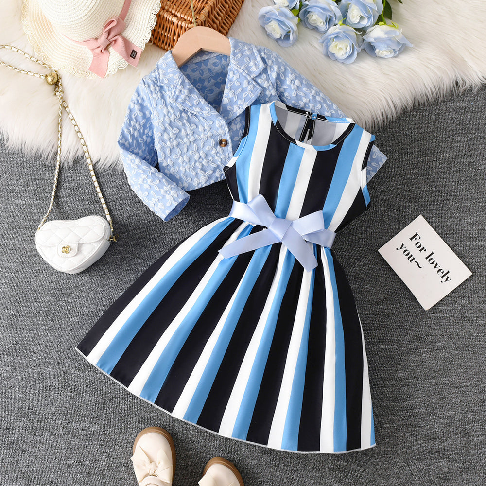 Girls' two-piece foreign trade dress set: yellow and black vertical striped sundress with jacquard cardigan and collared jacket
