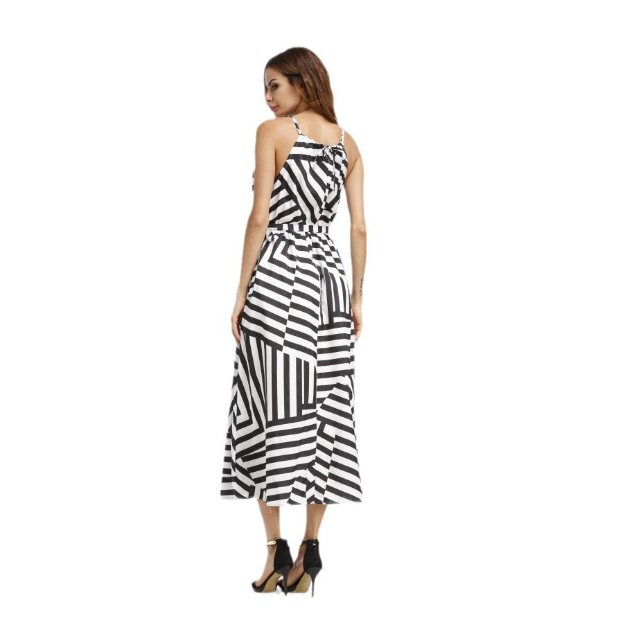 2025ebay fashion black and white geometric printingloosedress large hem long skirt spring and summer women's clothing