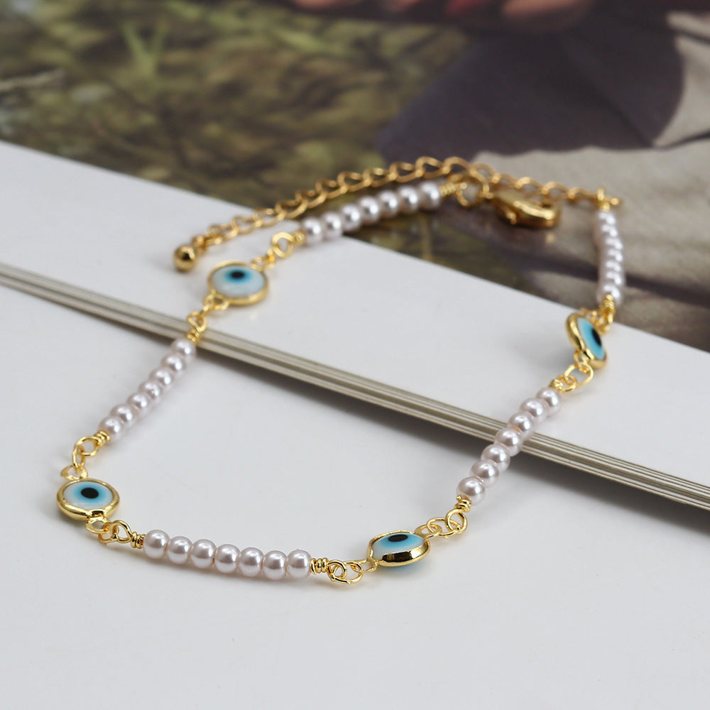 European and american cross-border new jewelry enamel eye pearl anklet - irregular fashion minimalist devil's eye anklet for women