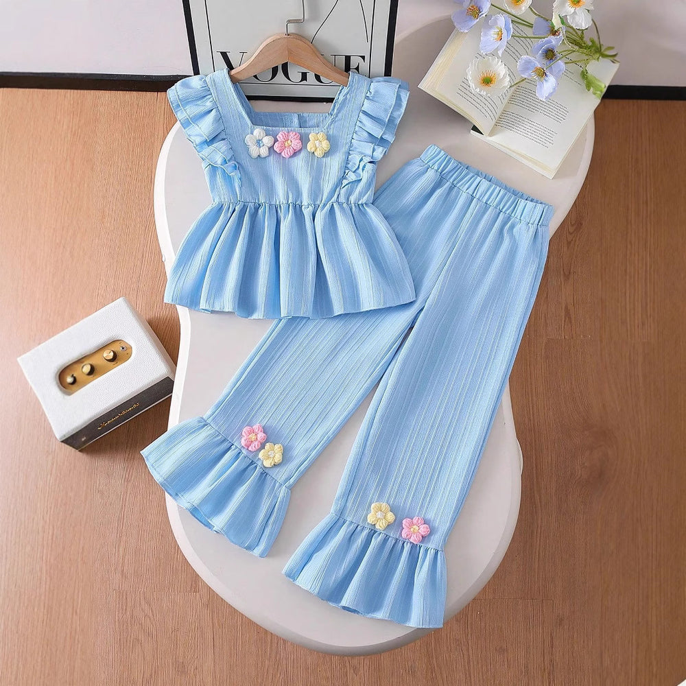 summer new arrival: sweet ruffle sleeve a-line top + flare pants two-piece set for cross-border e-commerce