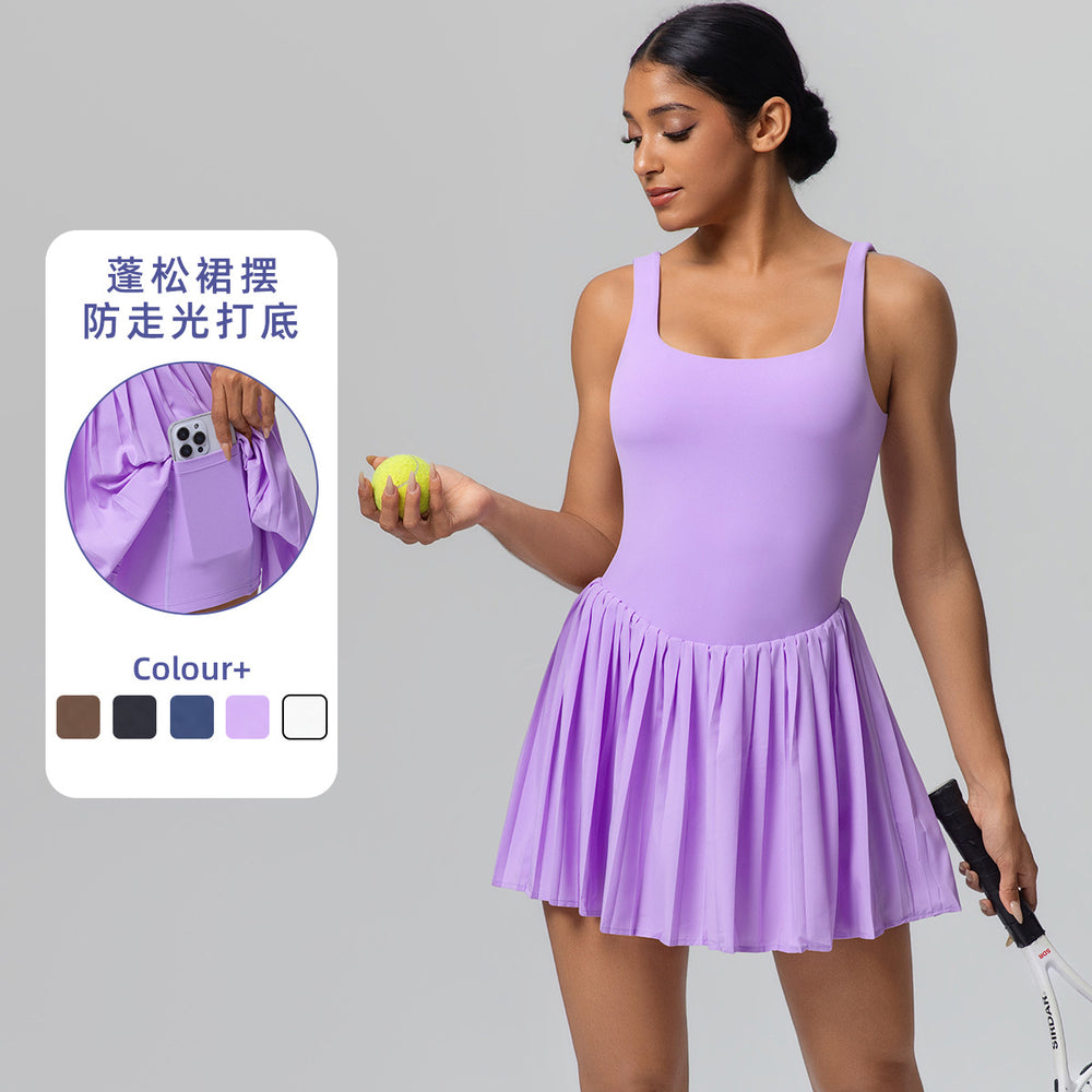New arrival nude fake two-piece tennis skirt fashion tape bottom yoga fitness flap pocket pants pleated skirt sports dress women