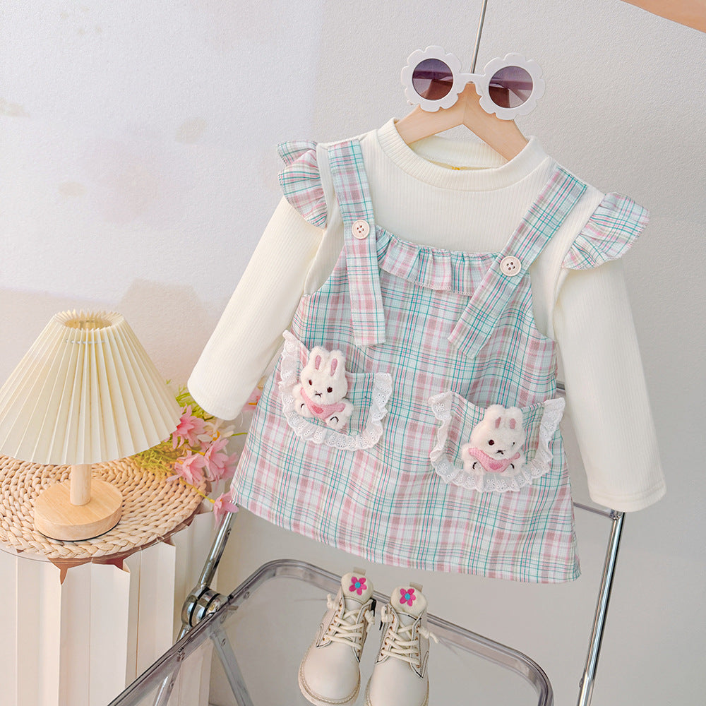 Girls' dress  autumn collection: adorable baby girl dress with cartoon bunny and plaid patchwork, long sleeve