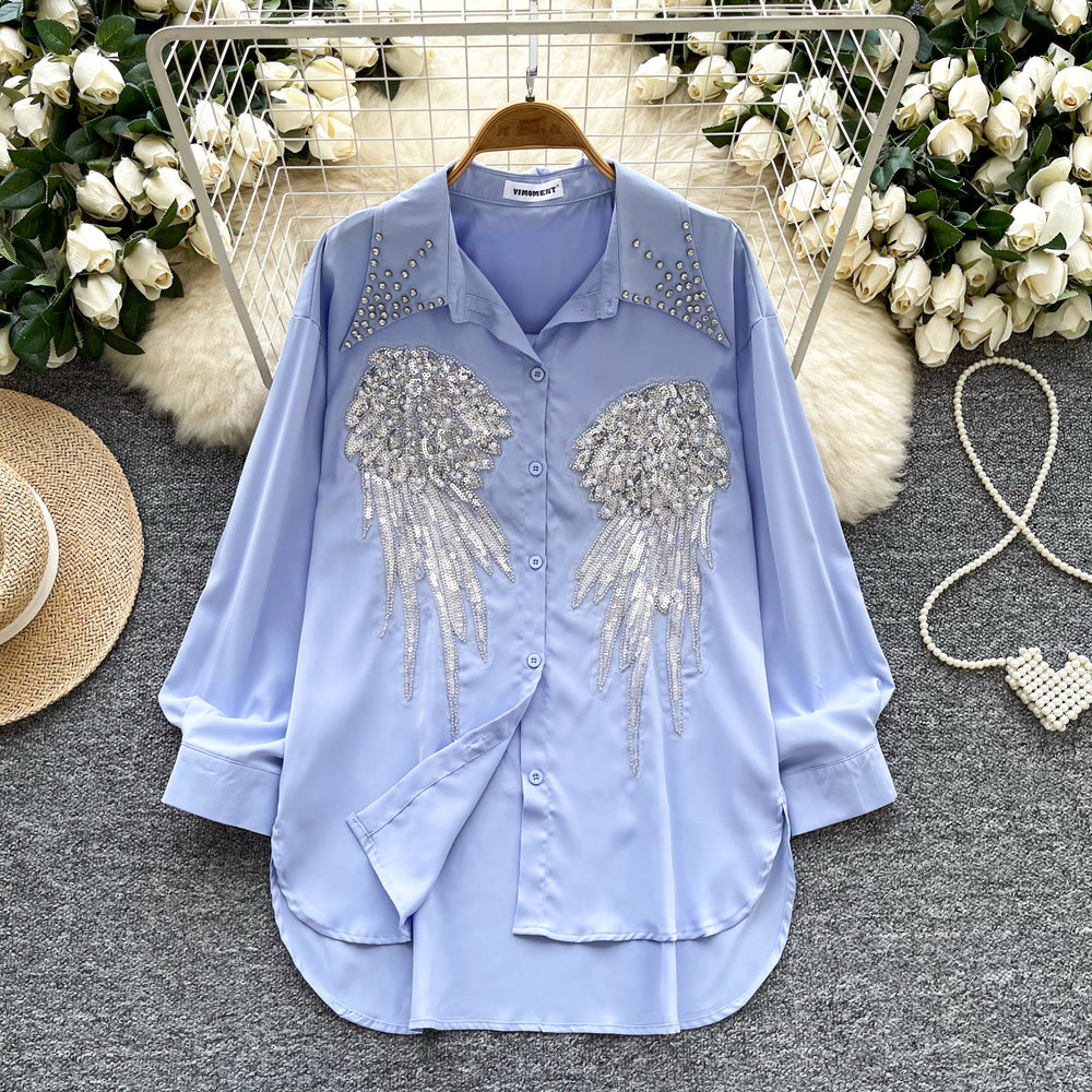 Classy heavy industry diamond-encrusted polo collar long sleevesshirt women's looseslimming lookcasualsequinembroider single-breasted tops