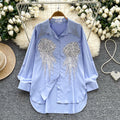 Classy heavy industry diamond-encrusted polo collar long sleevesshirt women's looseslimming lookcasualsequinembroider single-breasted tops