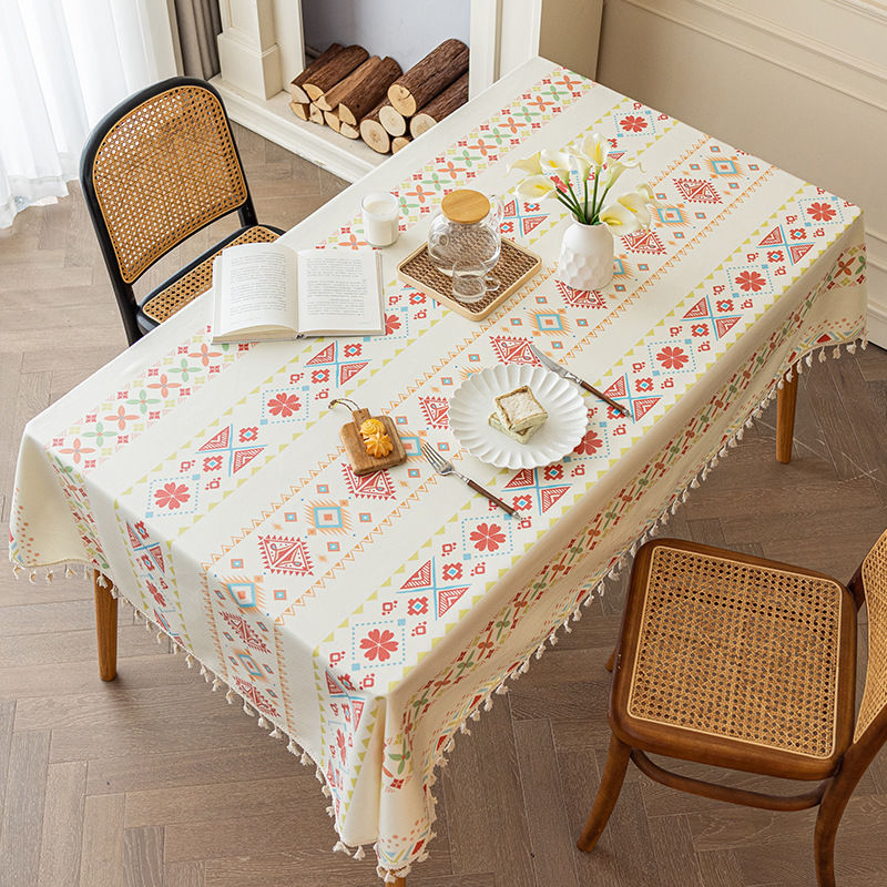 Bohemian nordic style tablecloth - cotton linen, no-wash, ethnic design, rectangular with tassels, camping tablecloth, waterproof and oil-resistant