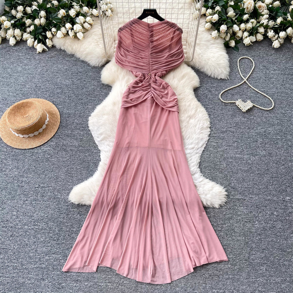 Eleganceelegant pleated silm pure lust style dress women's summer strap waist high waist a-line skirt slimming look long skirt