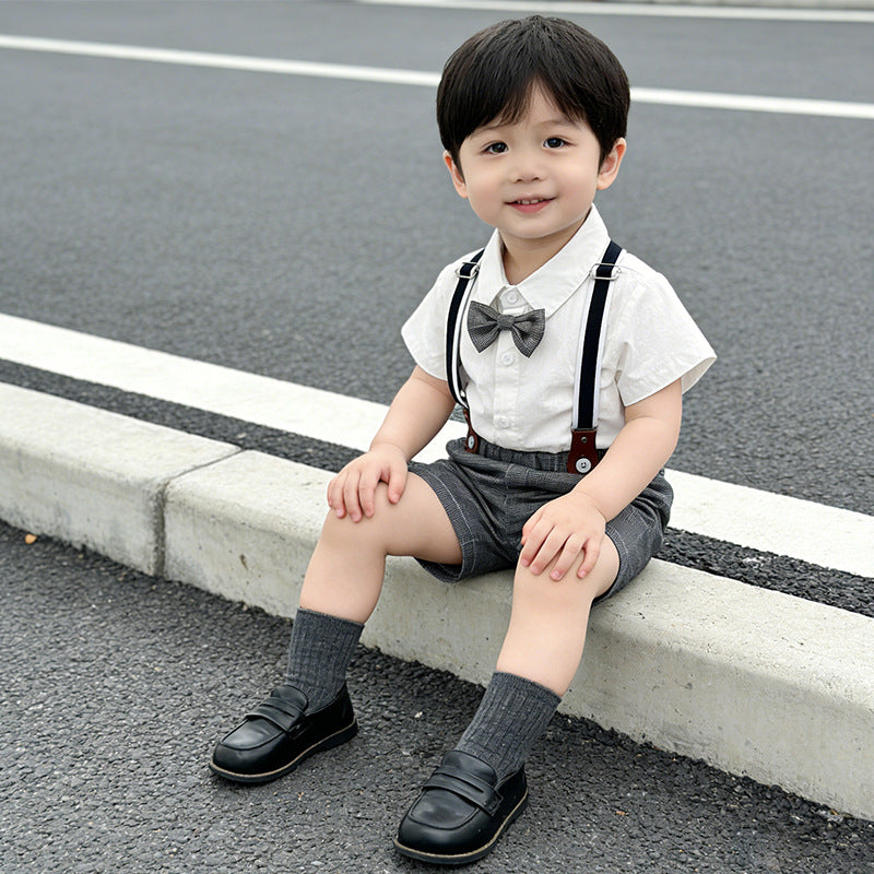 Boys' summer outfit  new style: children's overalls, performance costume, preppy style, baby's first birthday dress, two-piece summer set