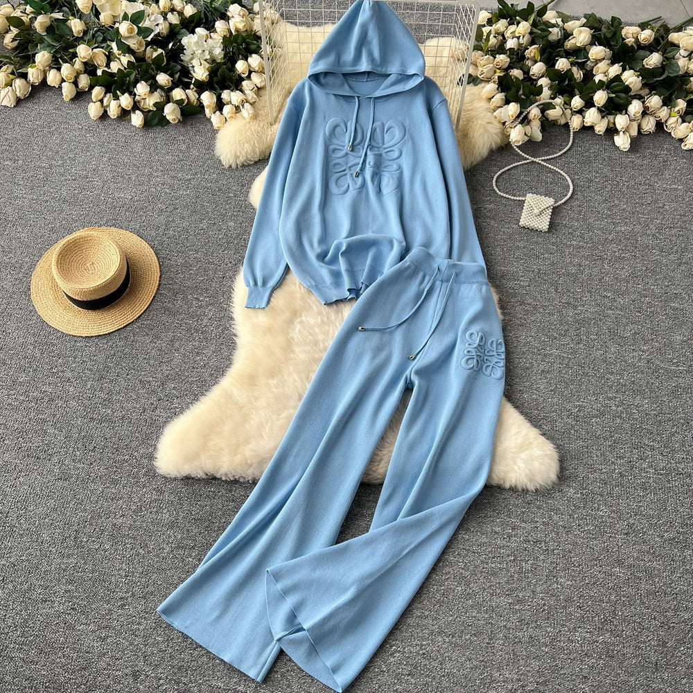 Lazy style casualsuit women's stereo texture printingpullover hooded knittingsweatshirthigh waistloose pantspants