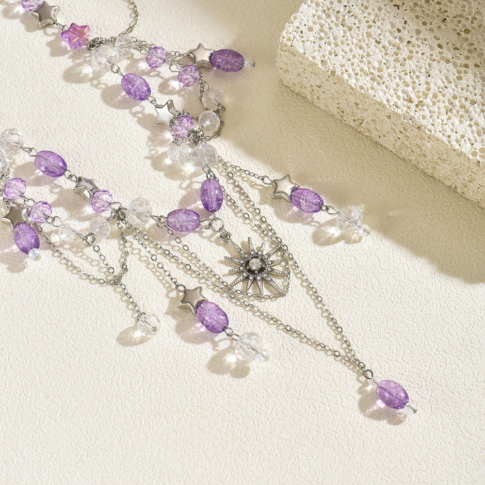European and american cross-border purple fairy style tassel sun pendant necklace women's retro french layered necklace