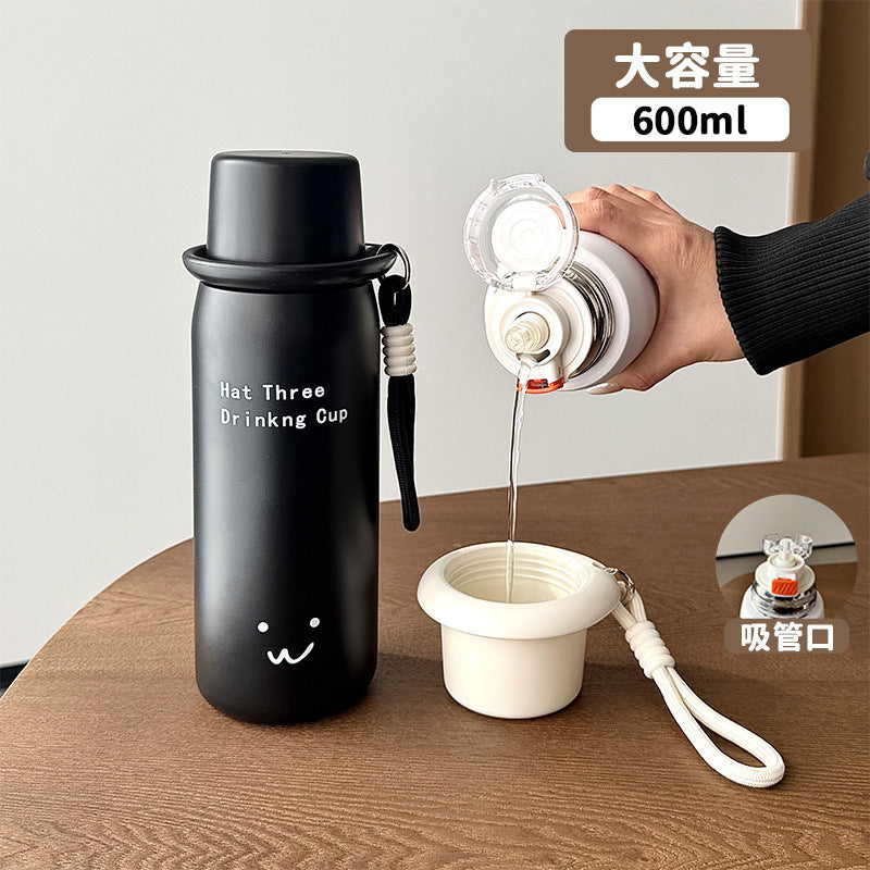 Smiling face double drink thermos cup for girls, good-looking bowl lid, student straw cup, large capacity water cup, wholesale personalized logo