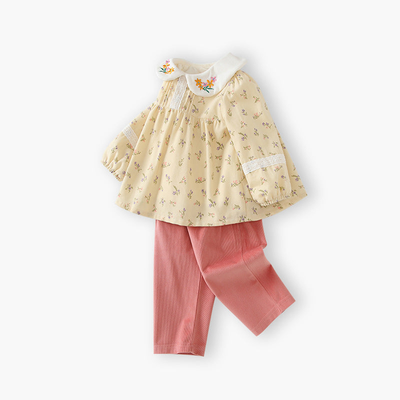 Girls' autumn  korean style floral embroidered children's clothing: pants with bow and fleece lining