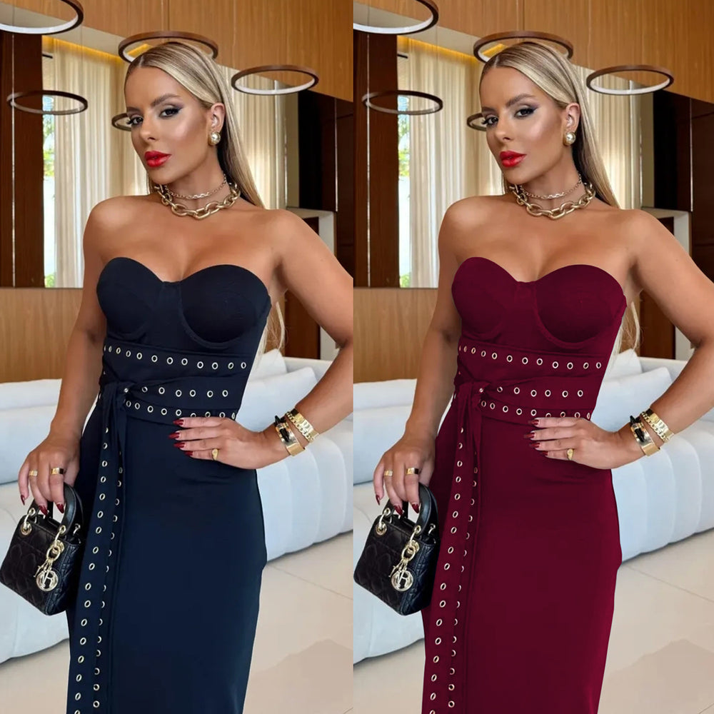 C7517 cross-border   fashion women's sexy bandeau strapless bodycon dress with eyelet detail