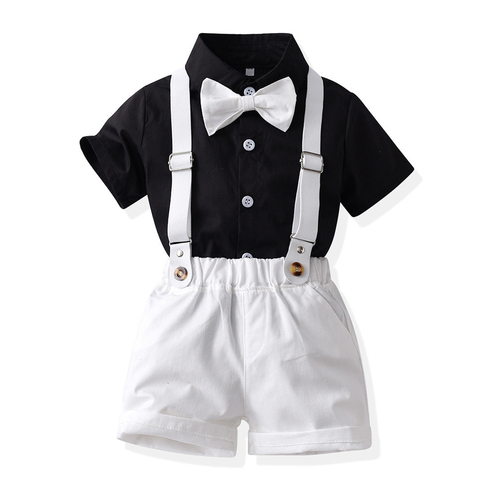 Japanese and korean style boys' summer outfit: short-sleeve shirt and suspender pants - stylish children's performance costume for piano recitals, hosting, and runway shows