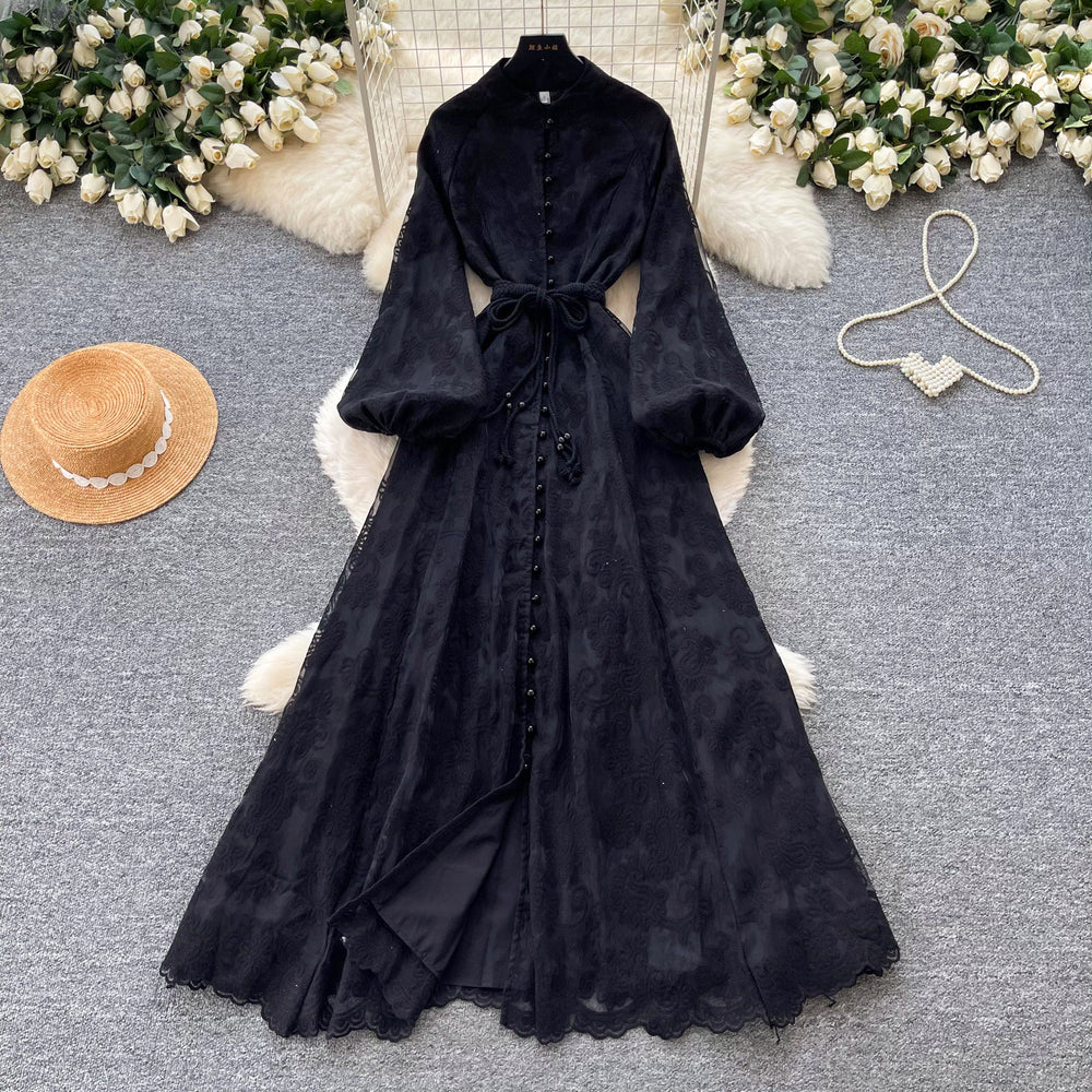 French romantic stand collar lantern sleeve lace dress - women's summer slimming a-line maxi dress - elegant and chic