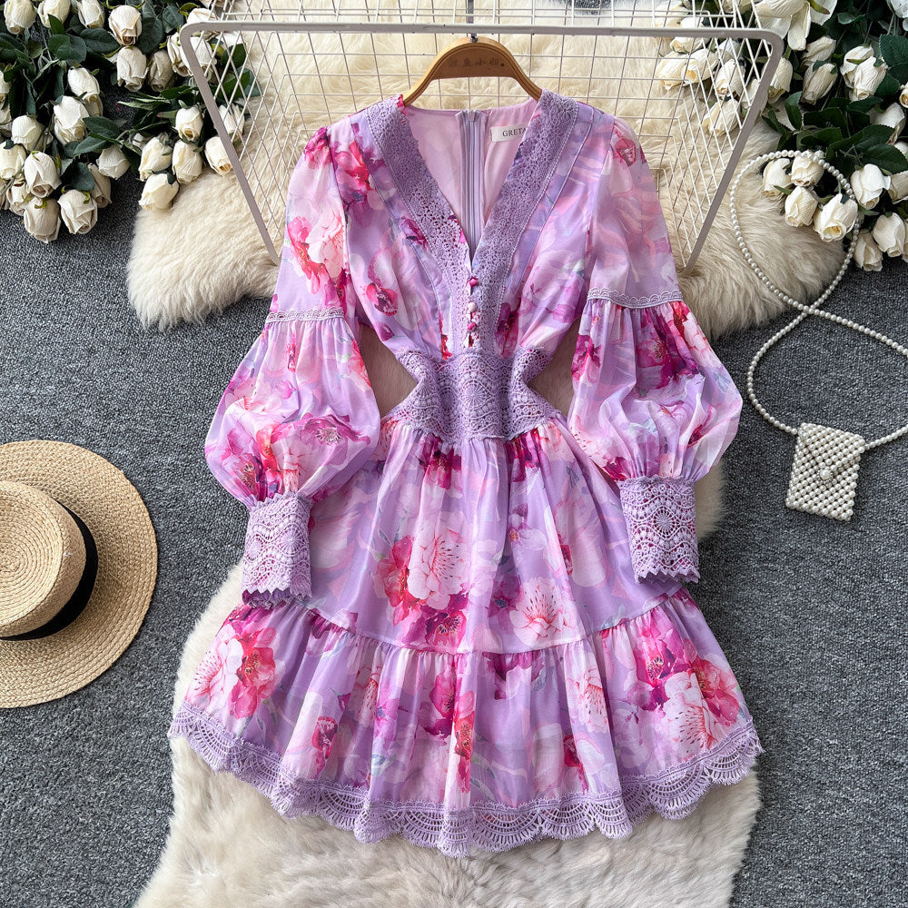 French floral long sleeve v-neck bodycon dress - slim fit, figure-flattering, high-end, elegant a-line skirt