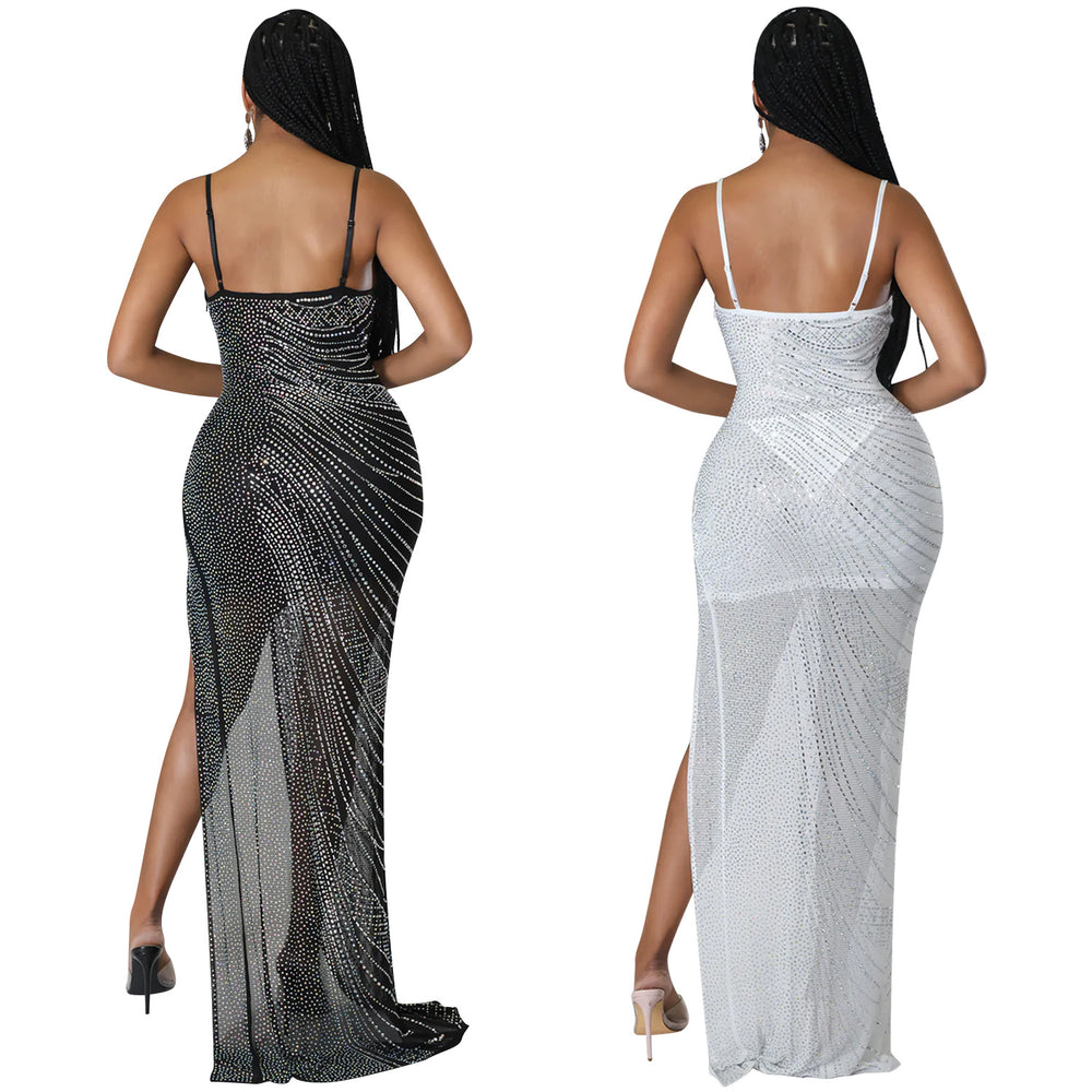 C5915   nightclub hot diamond sexy suspender mesh see-through irregular slit long skirt dress