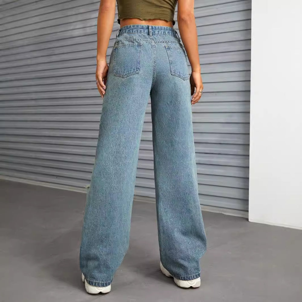 In-stock - 65056##  cross-border fashion women's casual versatile distressed wide-leg denim jeans