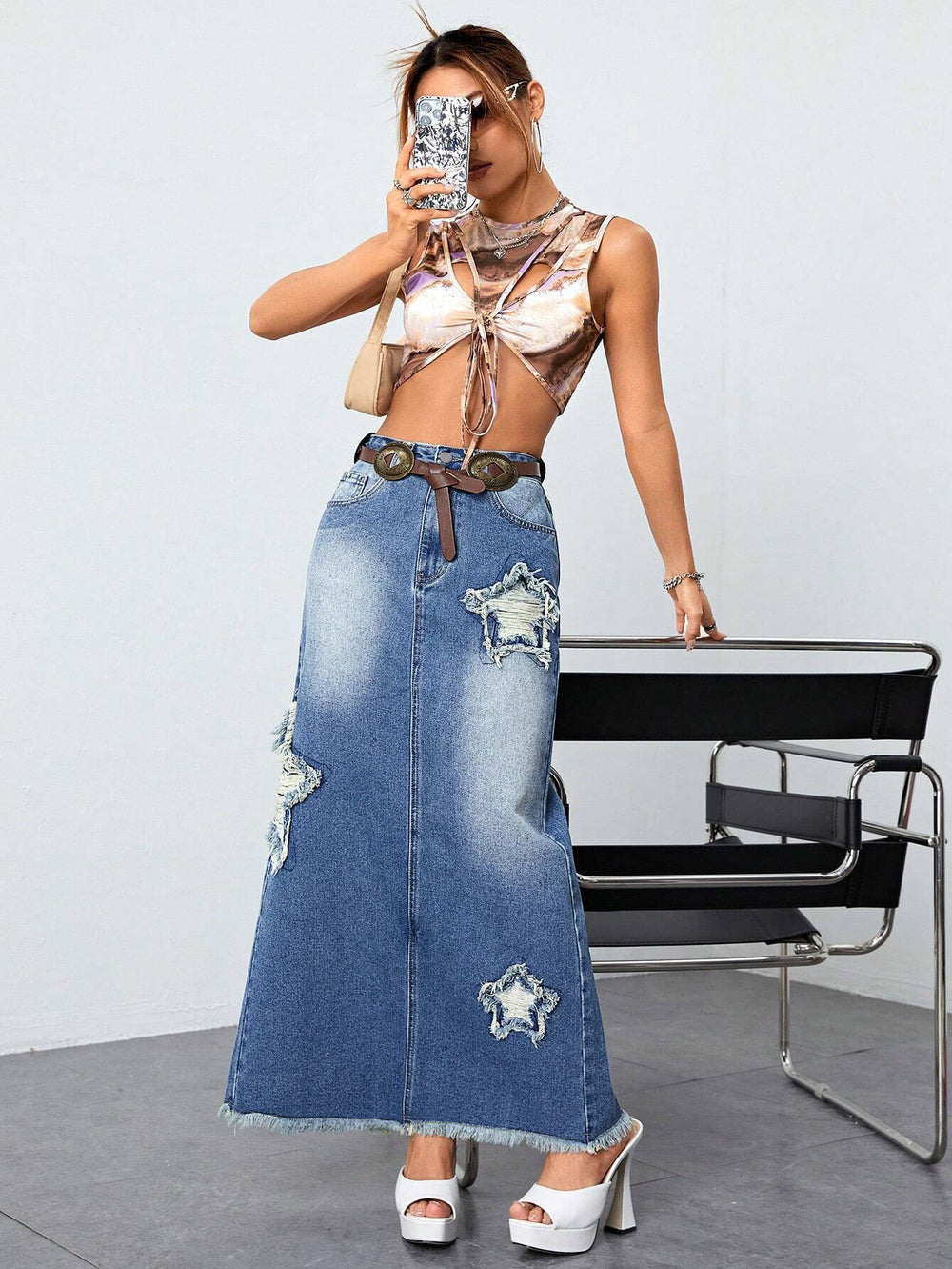 Export denim skirt new arrival hot-selling raw edge washed skirt slit star denim skirt