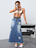 Export denim skirt new arrival hot-selling raw edge washed skirt slit star denim skirt