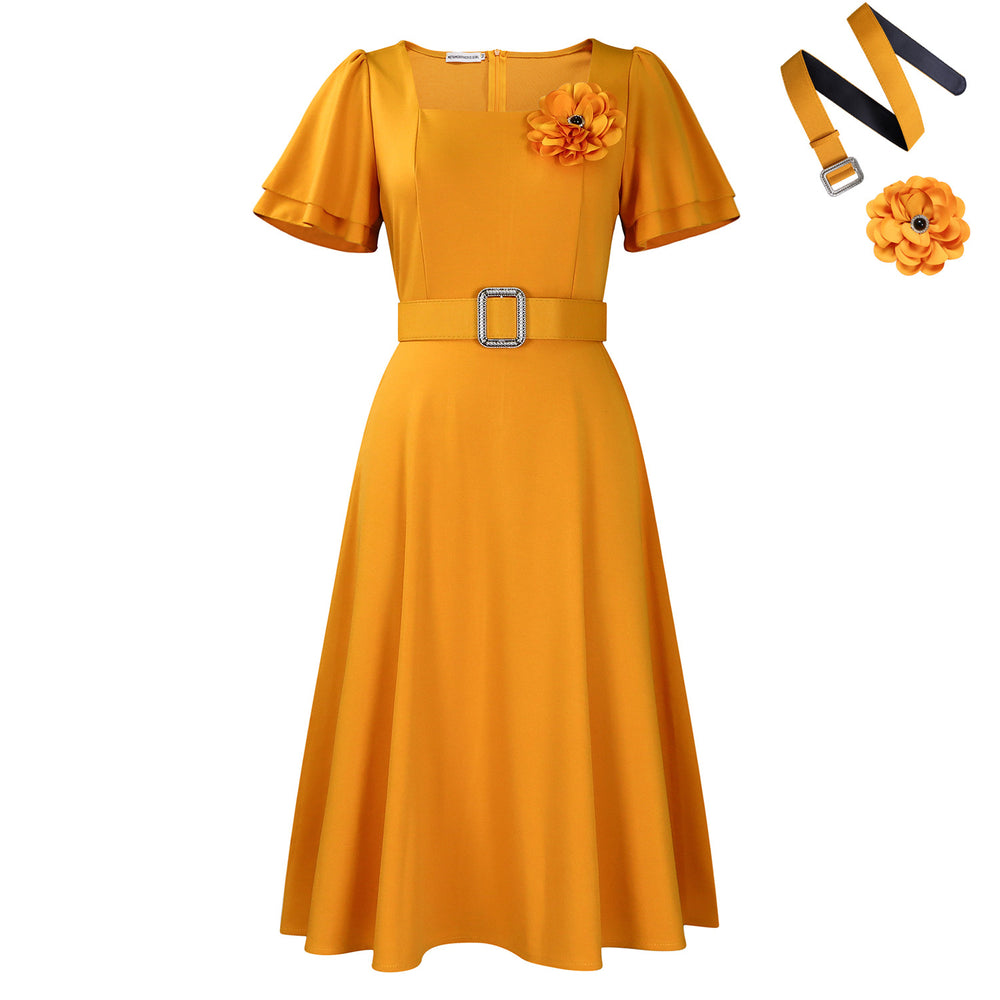 D568export women's clothing cross-border  summer women's new fashion square collar pure color high waist large skirt african dress