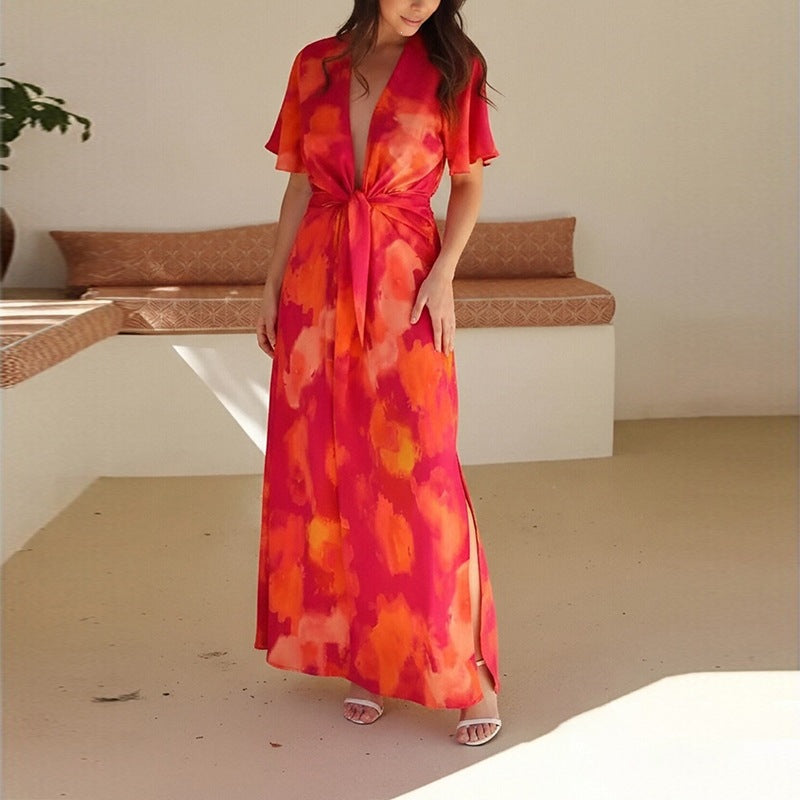 cross-border european and american women's clothing: new summer fashion sexy tie-dye print v-neck vacation style slimming dress