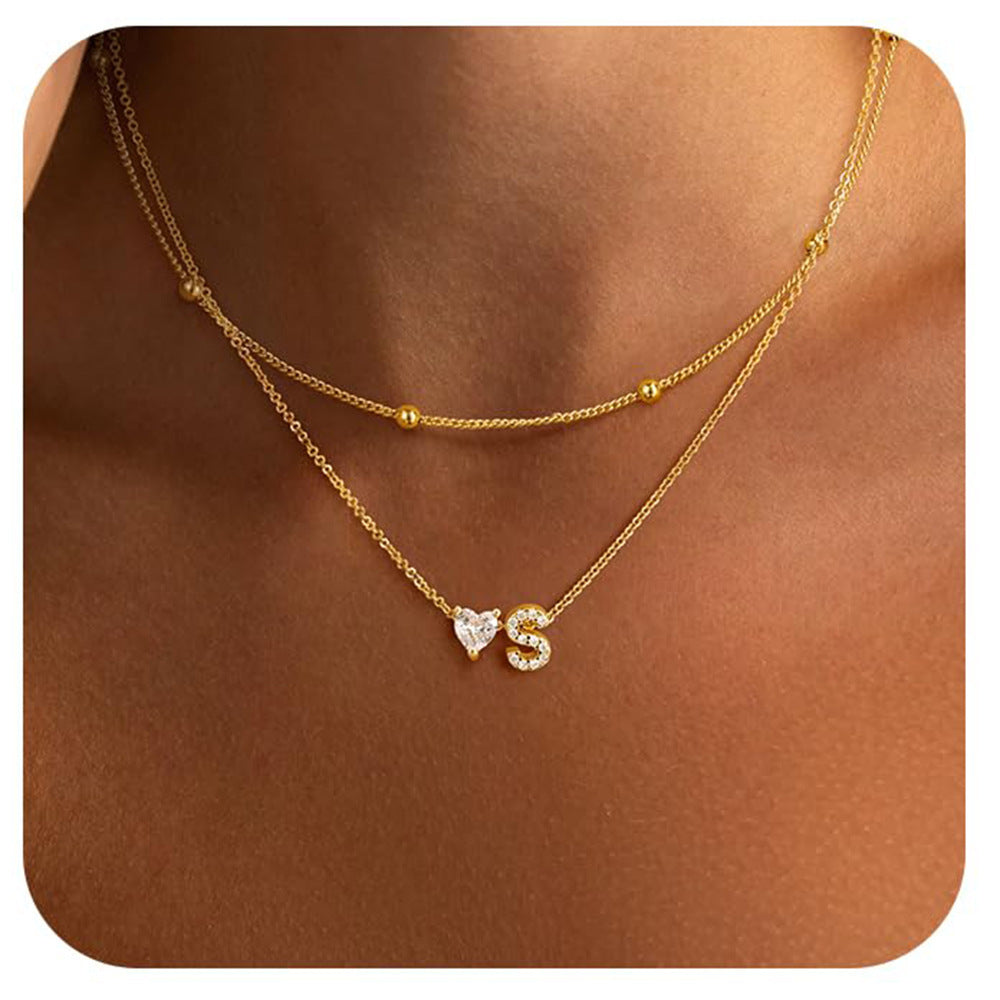 European and american amazon stylish initial heart letter necklace pendant double layer clavicle girls holiday jewelry gift