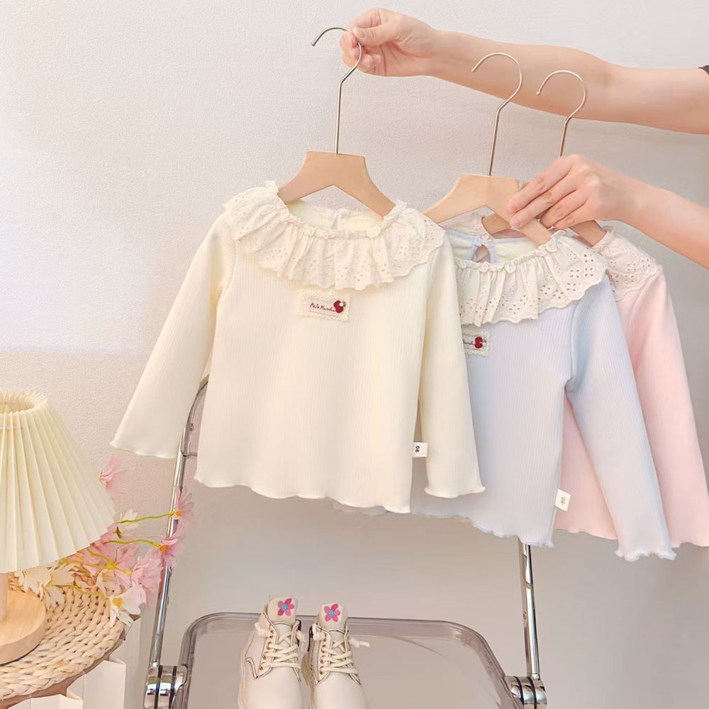 【dropshipping】girls' fleece-lined base layer top -  autumn/winter kids' one-piece fleece top with lace collar - baby top
