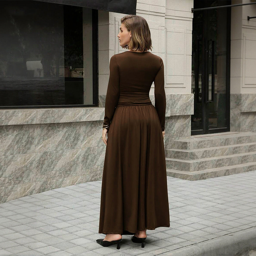 European and american high-end commute style deep brown one-shoulder neckline asymmetrical pleated waist design drapey long dress for women