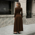 European and american high-end commute style deep brown one-shoulder neckline asymmetrical pleated waist design drapey long dress for women