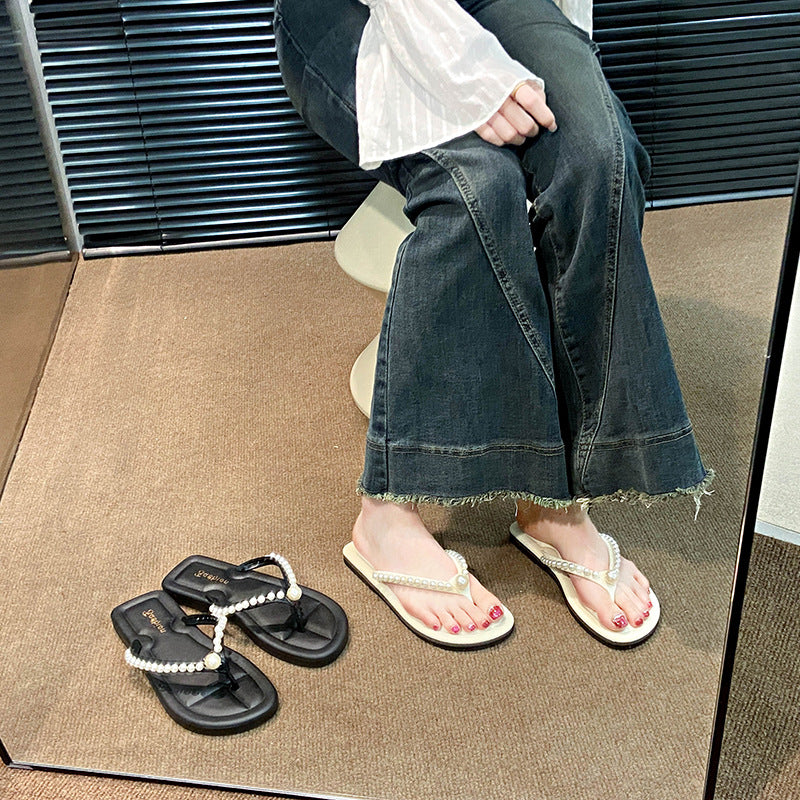 Summernew arrivalpure colorfashioneasiest for match pearl flip-flops women's sandals flats low heel classy women's shoes
