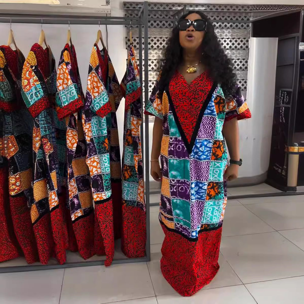 Aliexpress  plus size v-neck dress cross-border e-commerce african women's clothing color block print maxi dress