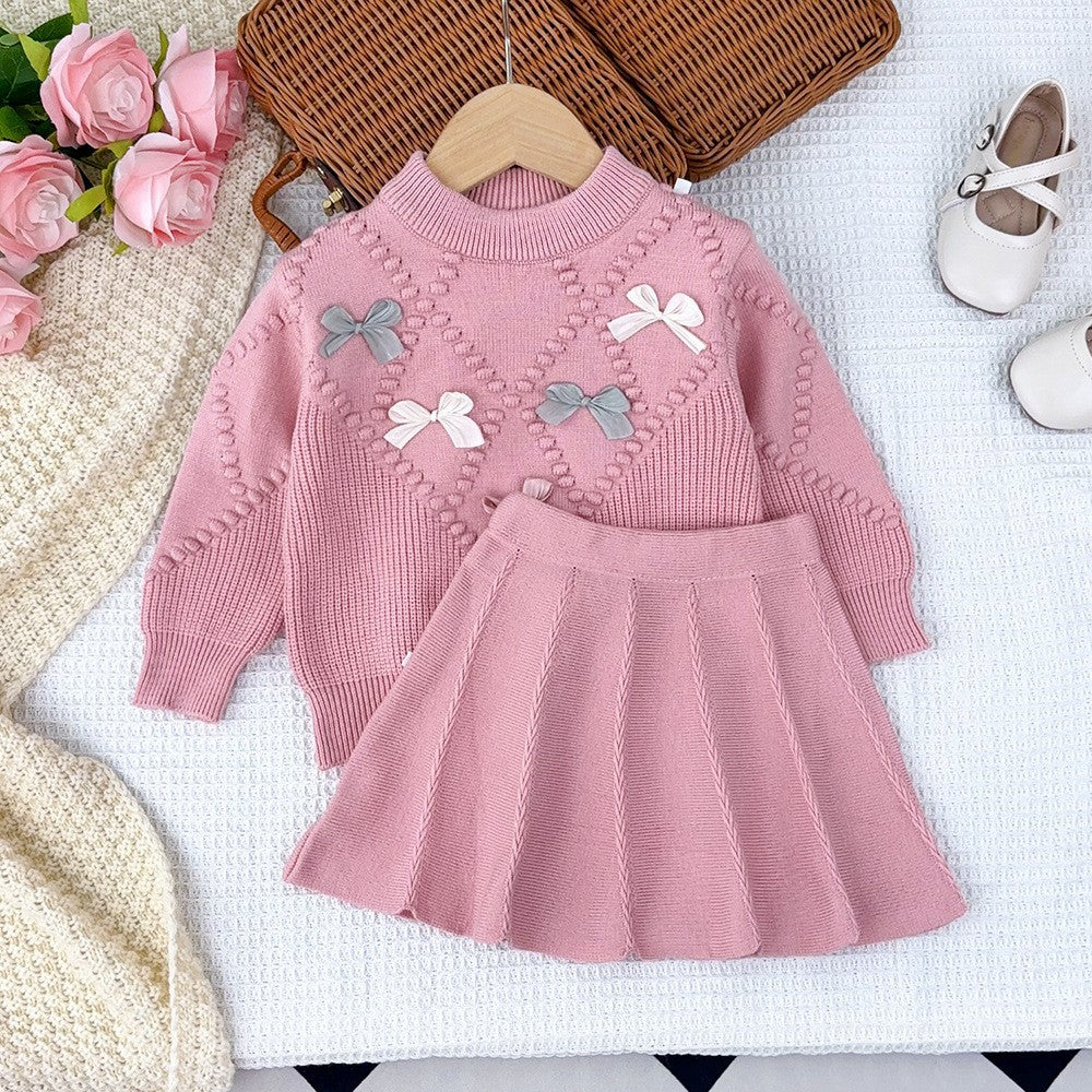 Fall and winternew arrivalgirlsuitstereo hook flower bowsknittingsweatertops skirtsuitcross-border children's clothing