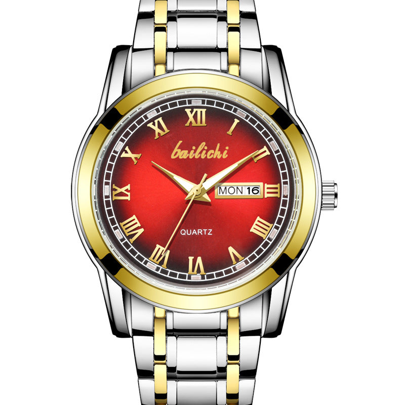 Business gold classic roman style watch stainless steel dual calendar non-mechanical waterproof quartz men's wristwatch - custom logo available