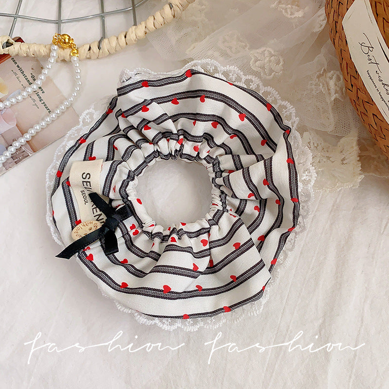 Blue striped lace heart-shaped scrunchie hair tie - korean style hair bun maker - elastic hair band