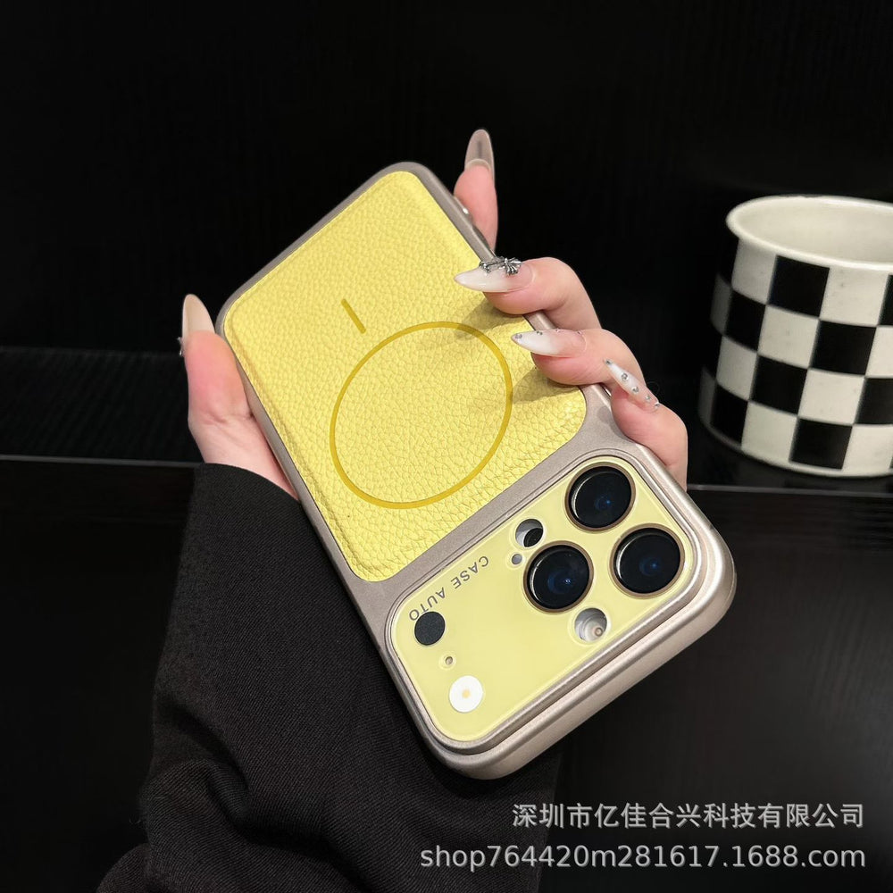 Crystal lens lychee grain magnetic apple 17 pro max phone case - cross-border iphone 11 drop-proof full coverage