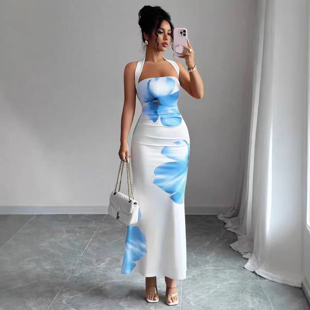 Ready-to-ship european and american  cross-border women's summer new arrival: elegant and sexy halter neck bodycon printed dress