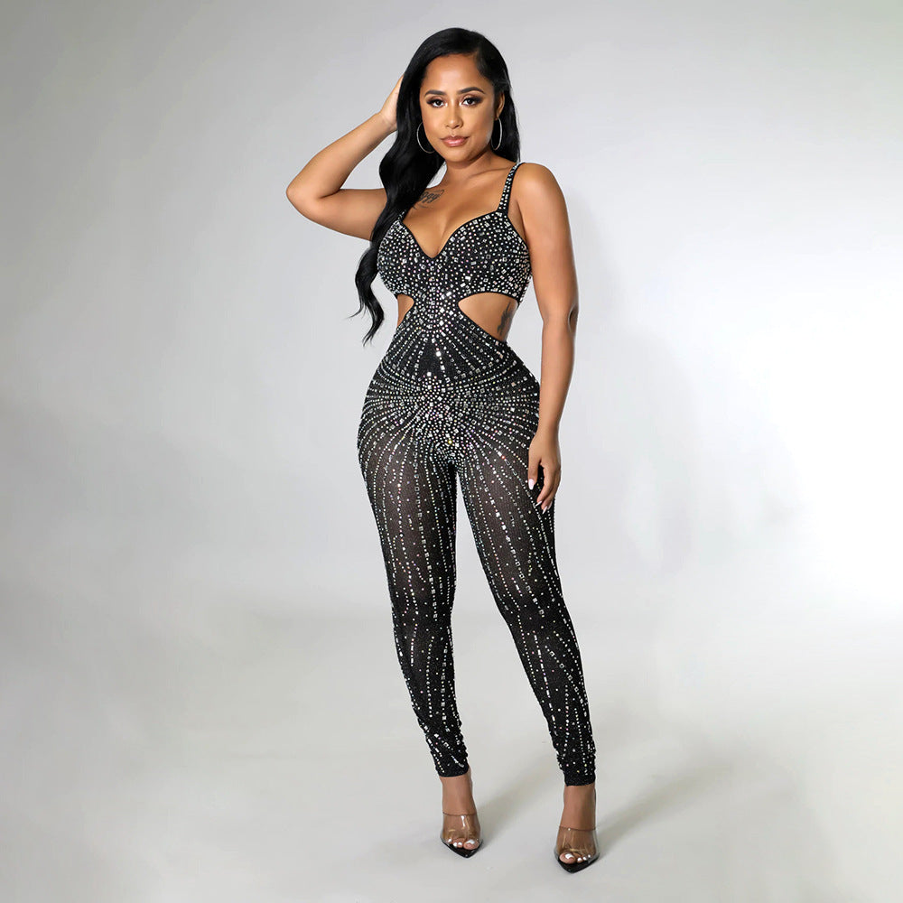 S390330  Cross-border Foreign Trade Fashion Sexy Mesh Perspective Hot Diamond Sleeveless Suspender Jumpsuit Women