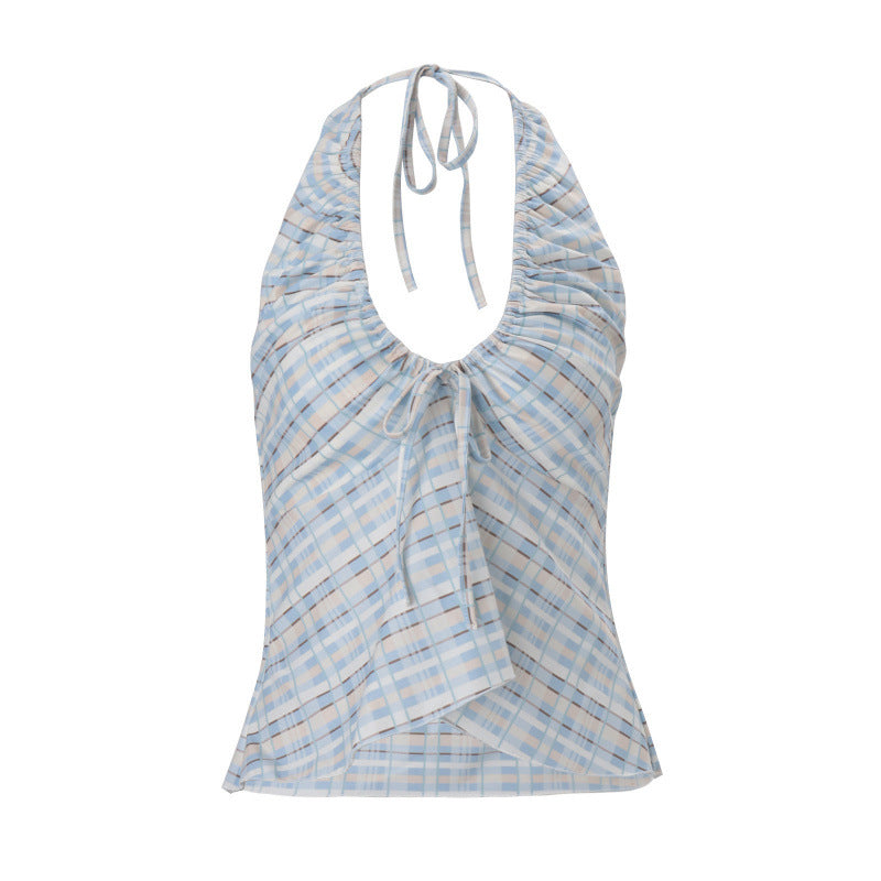 European and american women's clothing  summer new retro hot girl street style plaid tie-up halter crop top