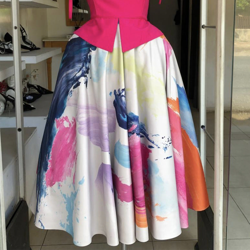 European and american cross-border women's fashion:  spring new arrival - elegant bowknot camisole top and printed flared midi skirt set