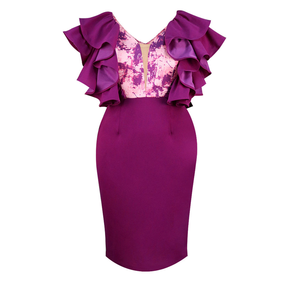 new plus size v-neck ruffle dress - color block sheer bodycon party & evening gown