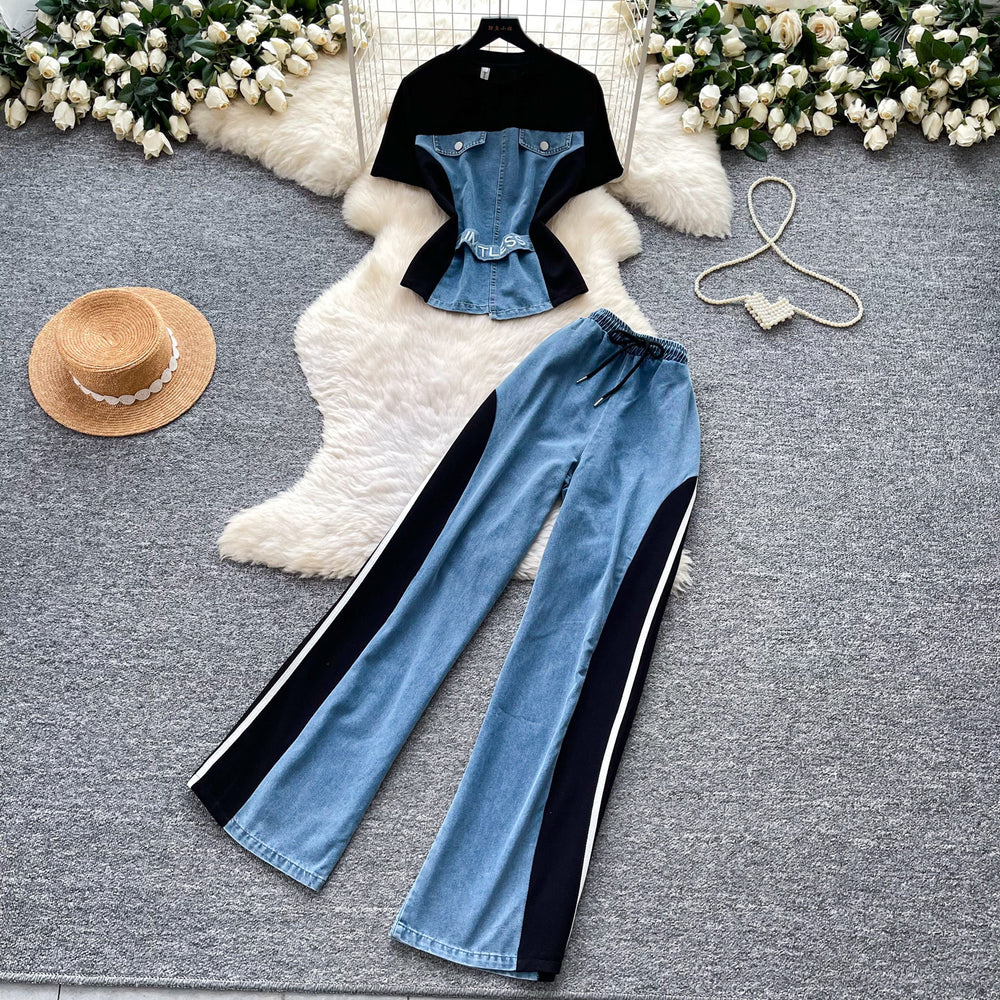Hong kong style retropatchwork short-sleeved denim suit women's summer daily casualstraight-leg pants two-piece setslimming look outfit